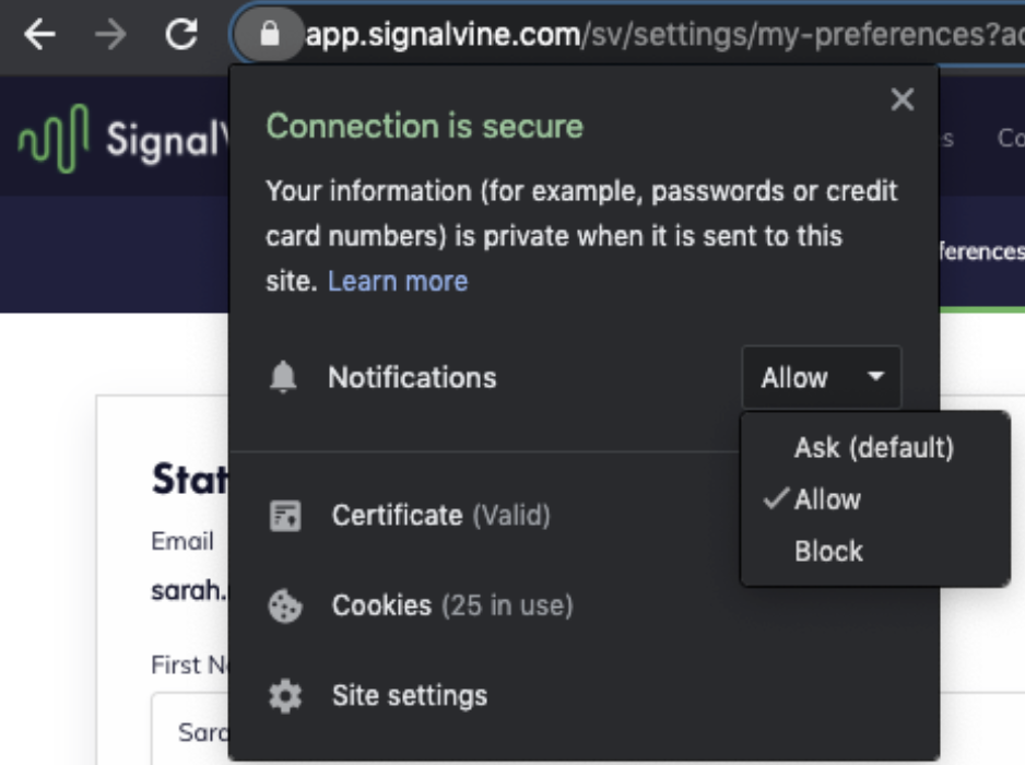 Image of the lock symbol of the URL bar with Nofications set to Allow