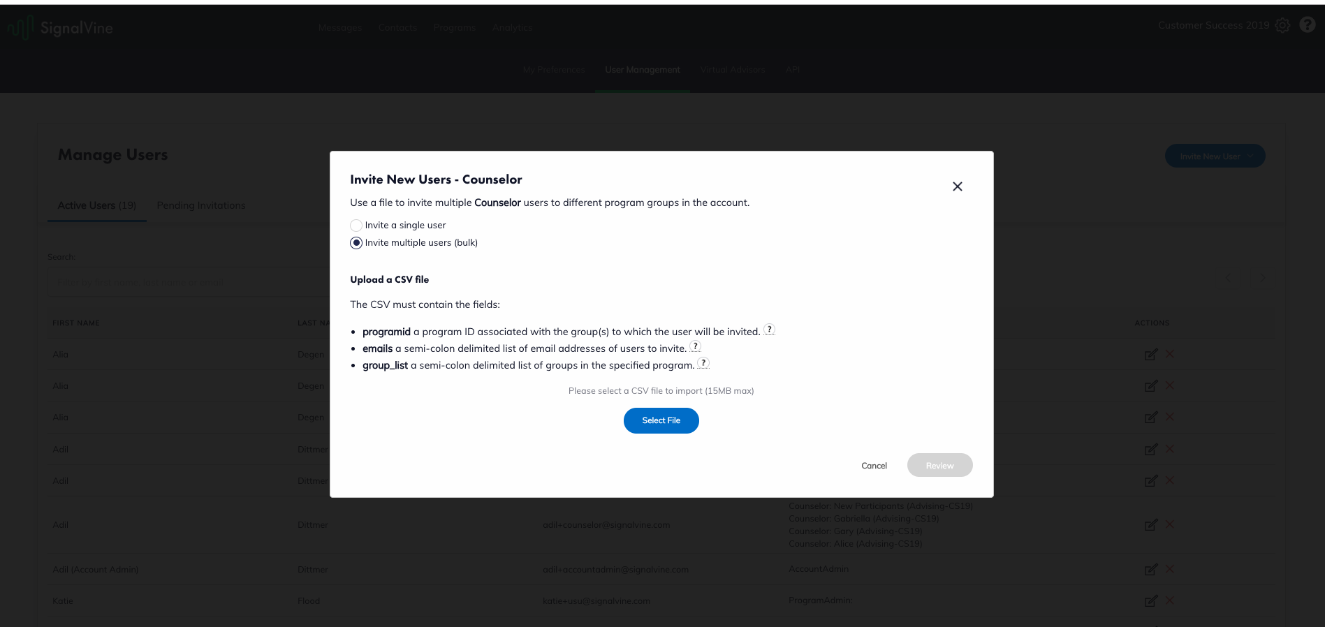 Image of the Invite New Users - Counselor pop-up, with Invite multiple users (bulk) selected