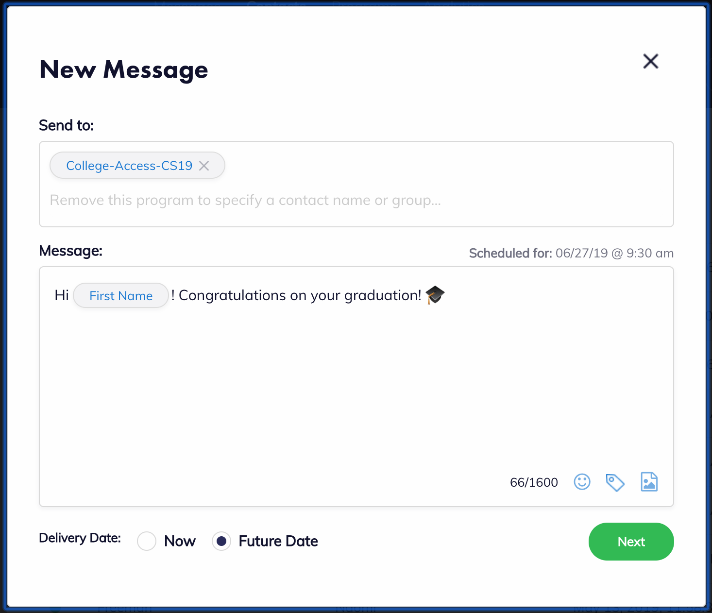 Image of the bulk message box, with the schedule for a future date option selected.