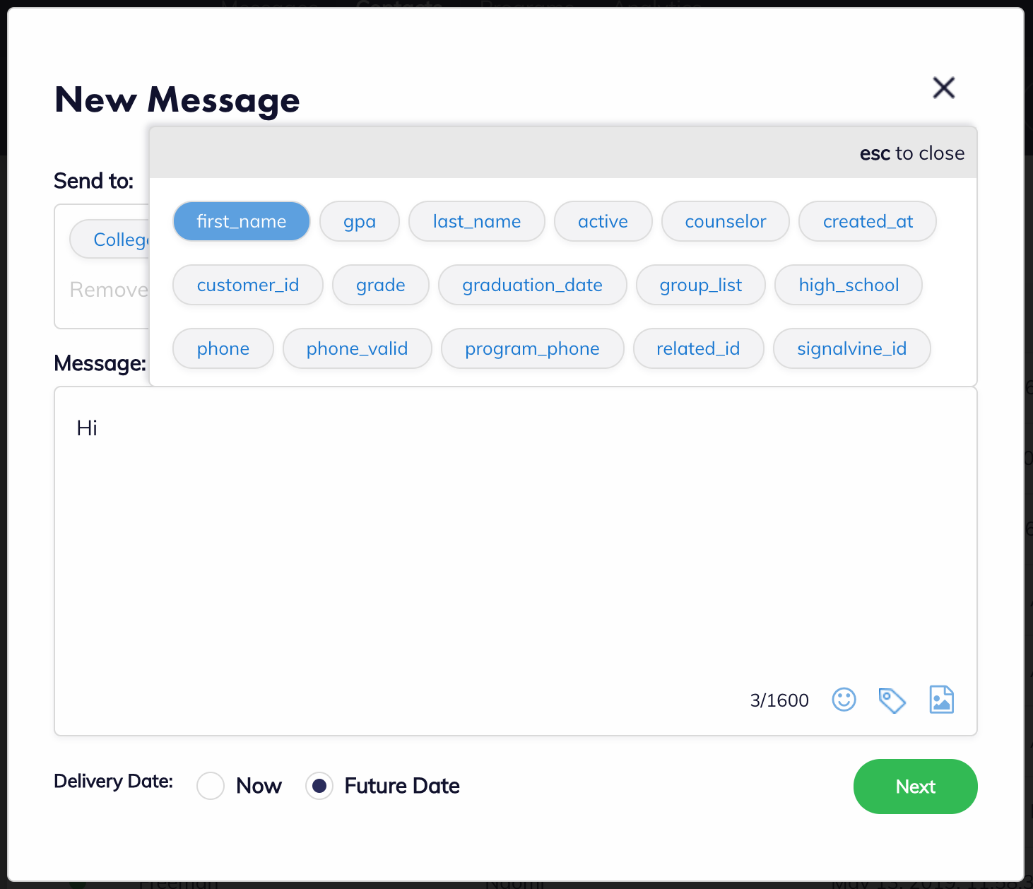 Image of the bulk message box, with the profile field selection tool opened.