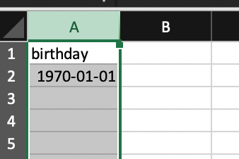 Image of what the above example would resolve as with the excel cell displaying 1970-01-01