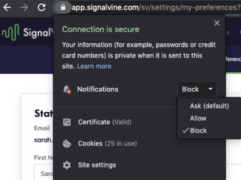 Image of the lock symbol of the URL bar with Nofications set to Block