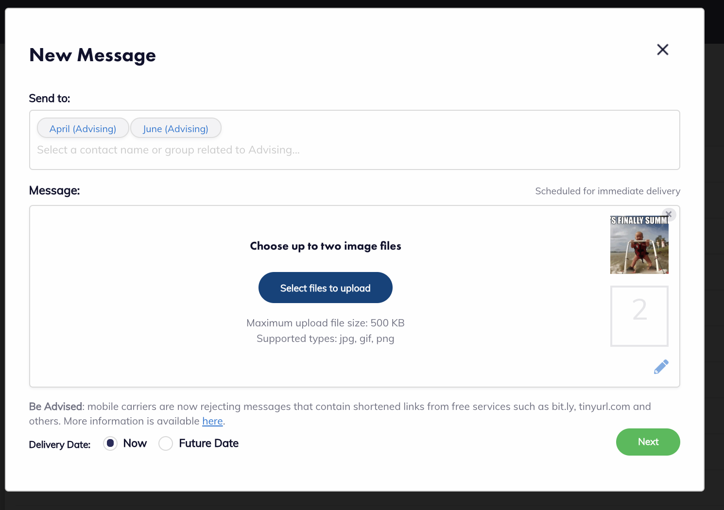 Image of the bulk message box with two groups of two students selcted, with an image attached.