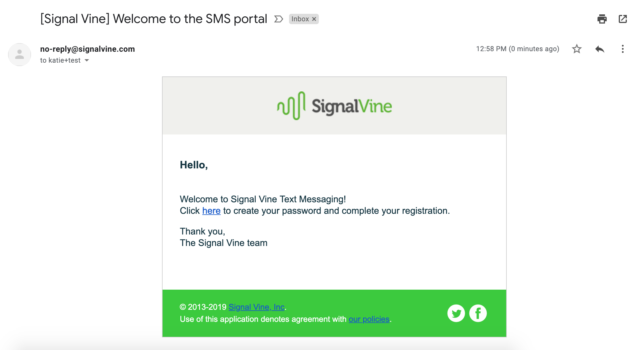 Image of Signal Vine welcome email