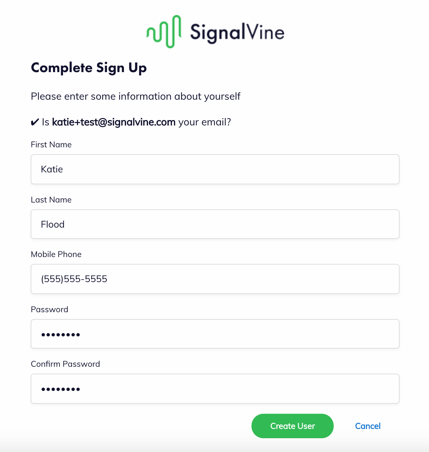 Image of Signal Vine Sign online sign up form
