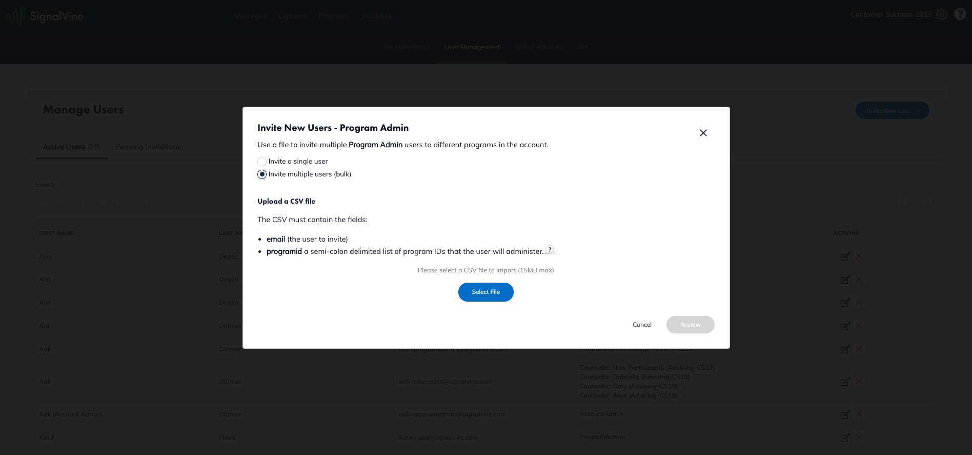 Image of the Invite New Users - Program Admin pop-up, with Invite multiple users (bulk) selected