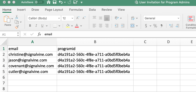 Image of a CSV file with two columns: email and programid