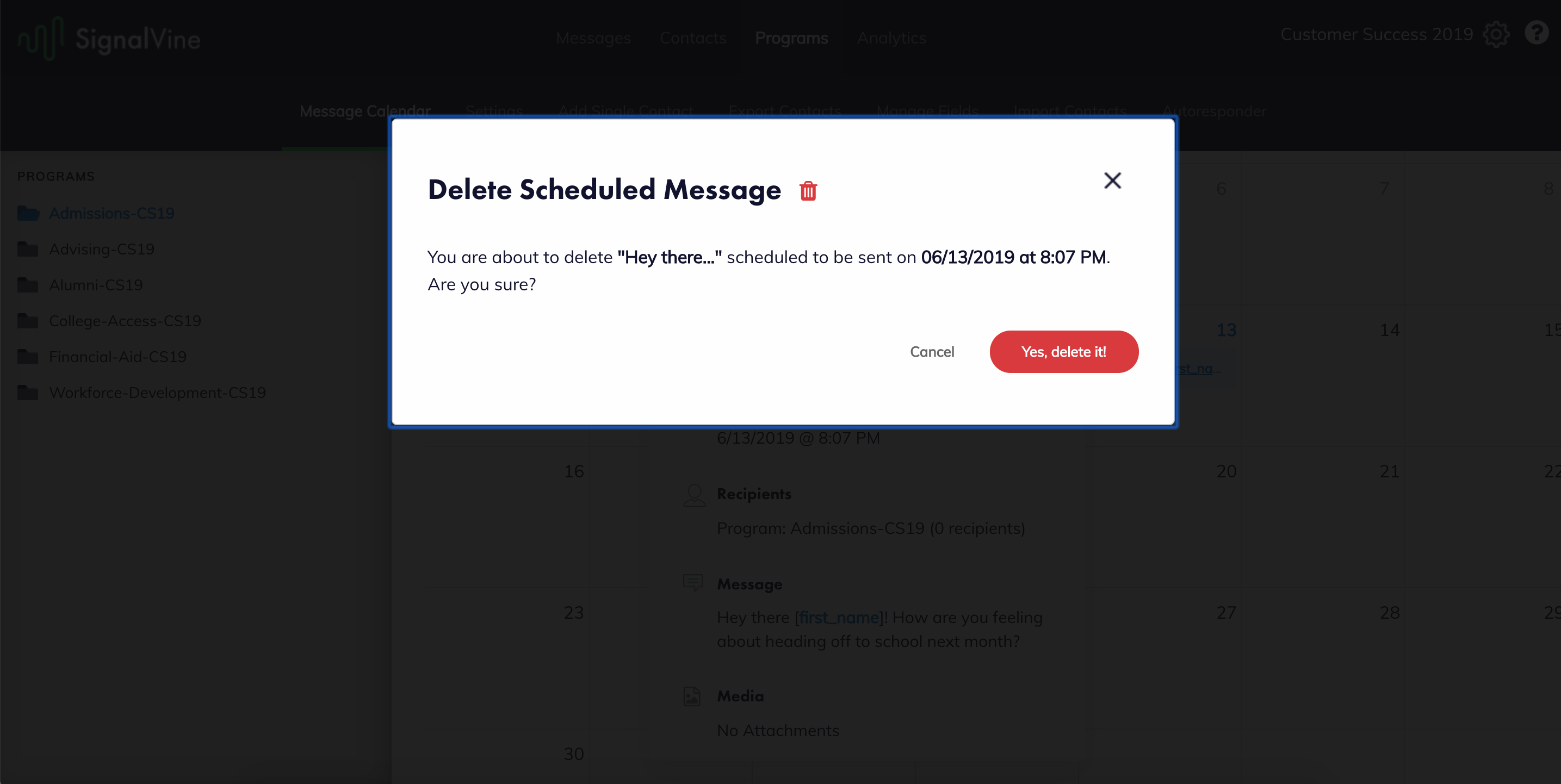 image of confirmation page to affirm intent to delete message